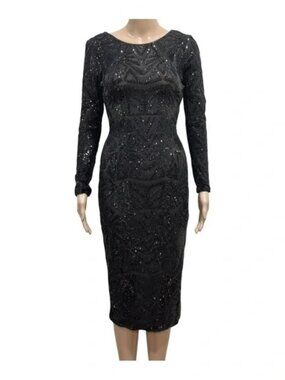 NWOT Dress the Population Emery Long Sleeve Sequin Cocktail Dress Black